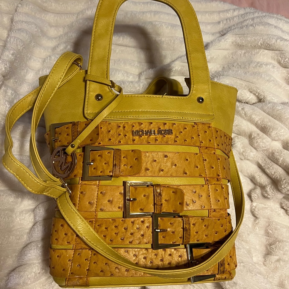 Michael Kors Yellow and Tan Shoulder Bag with Gold-Tone Hardware